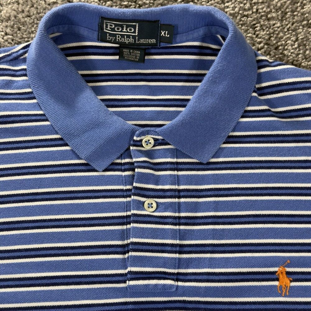 Ralph Lauren Polo Shirt Mens XL Blue White Stripe Short Sleeve Golf Preppy